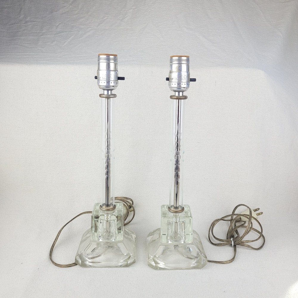 Vintage Leviton Glass‎ Candlestick Lamps Etched Column Pair Mid Century Modern